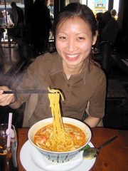 Polly enjoys some authentic Malaysian Laksa!